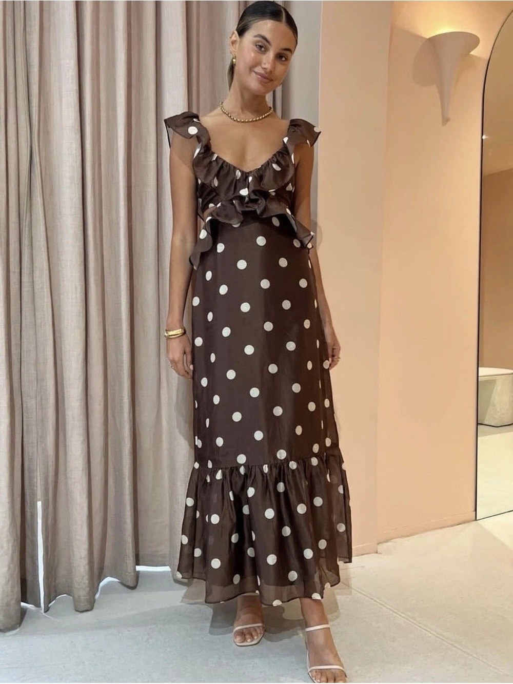 Polka Dot Ruffle Maxi Dress - Brown